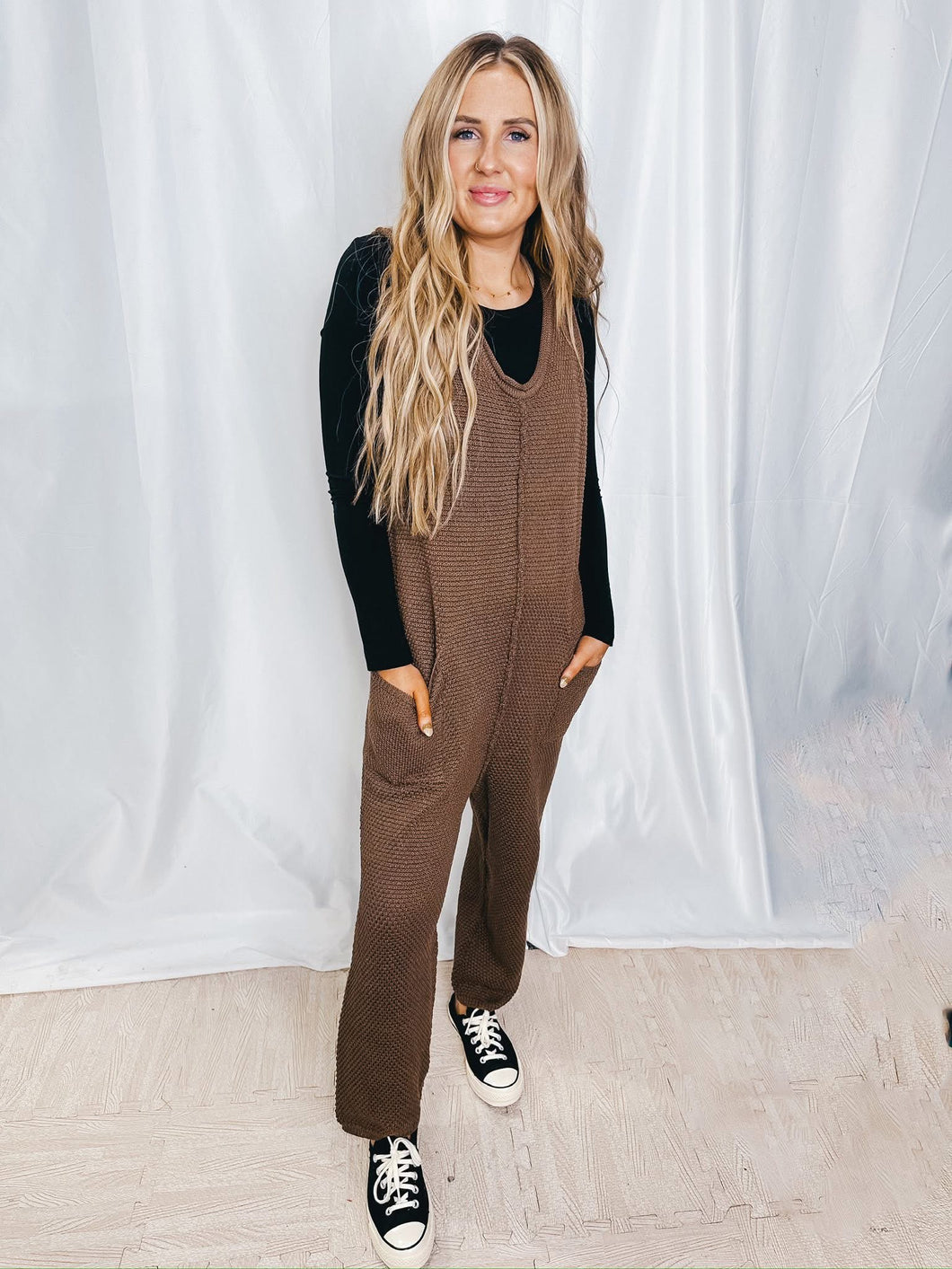 Write Your Story Waffle Knit Jumpsuit | CHOCOLATE (1 large left)