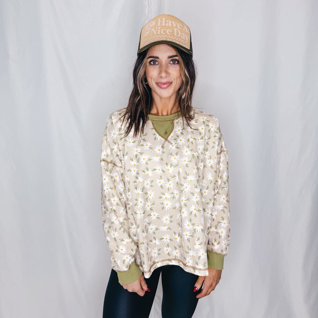 Floral Girlie Waffle Knit Top | OLIVE MULTI
