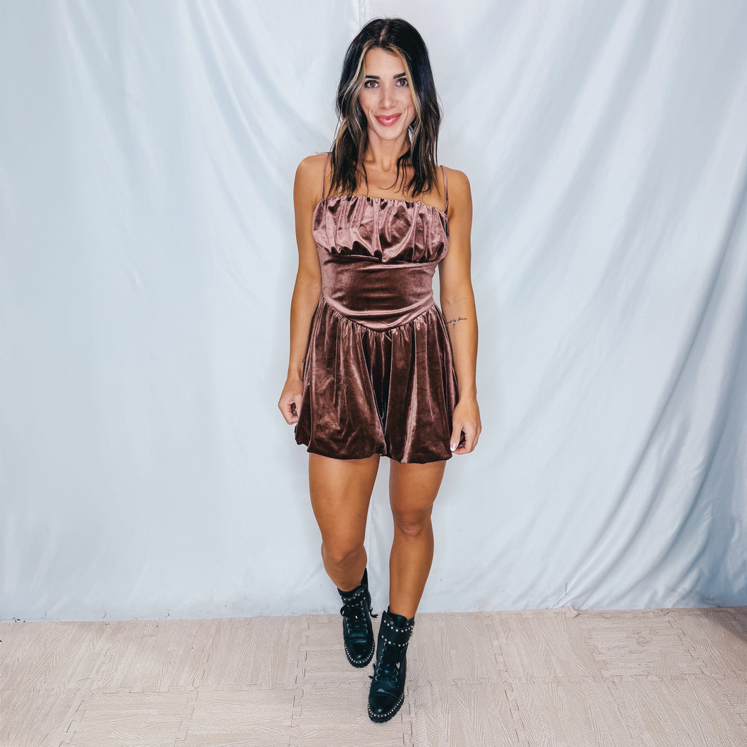 She’s a Beaut Crushed Velvet Romper | COGNAC