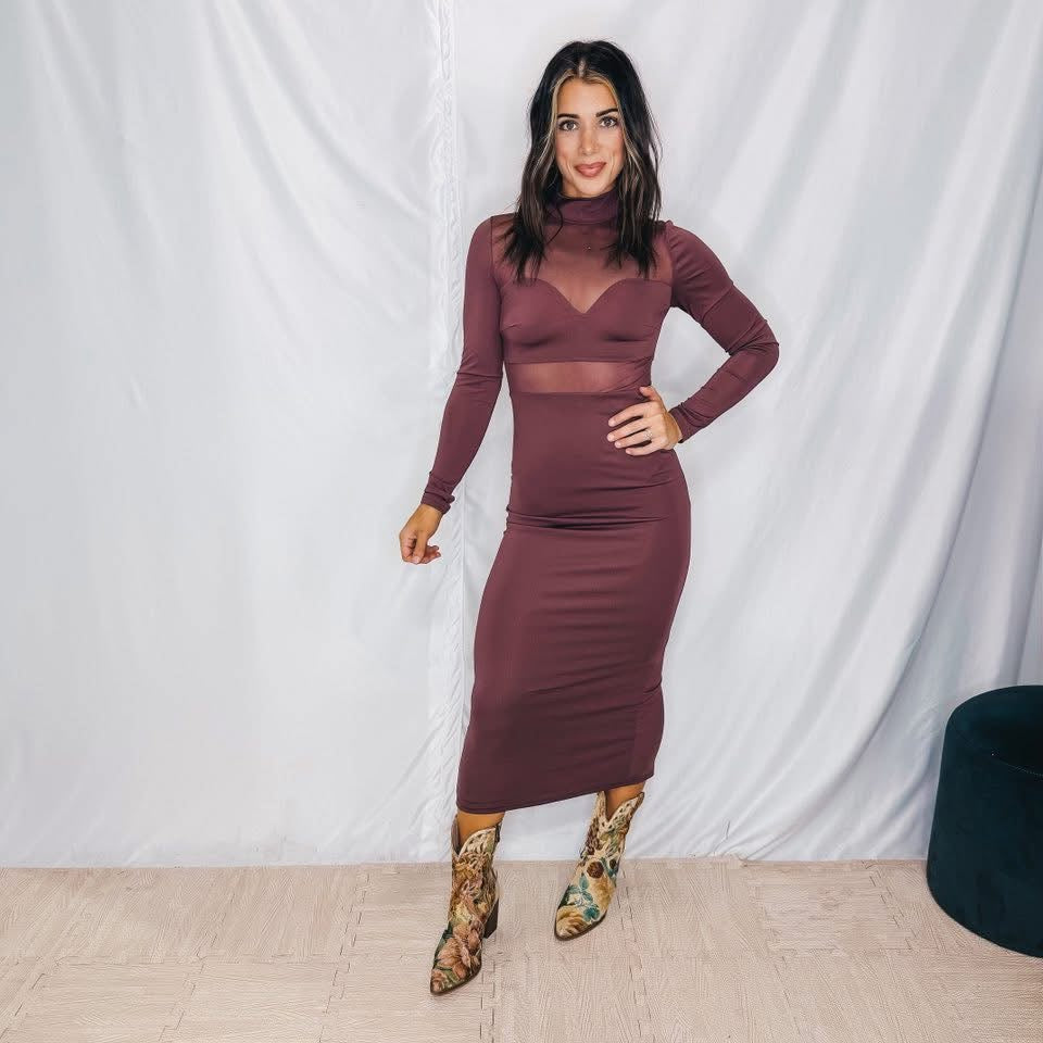 Escape Reality Mesh Detail Midi Dress | DARK PLUM