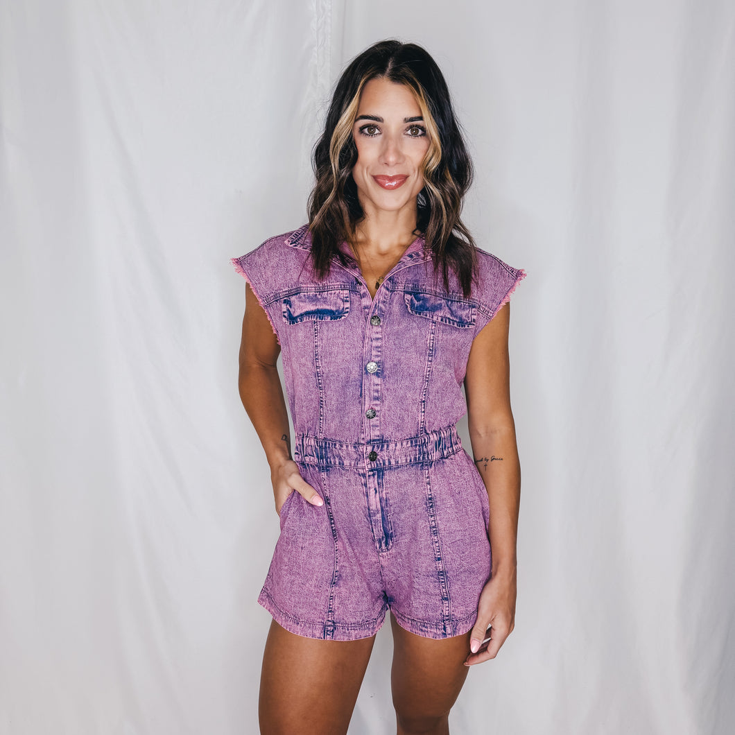 Selfie Status Romper | PURPLE ACID WASH (1 medium left)