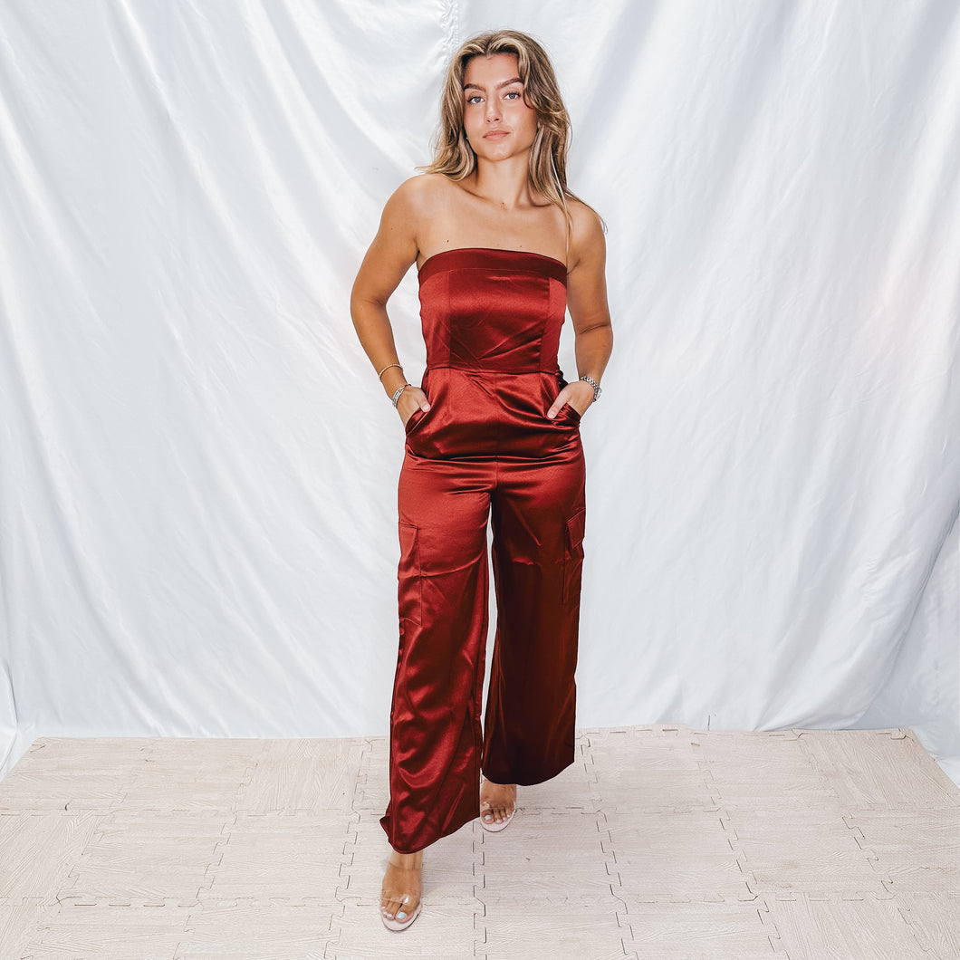 Home for the Holidays Satin Cargo Jumpsuit | MULBERRY (1 XS, 1 medium, 1 large left)